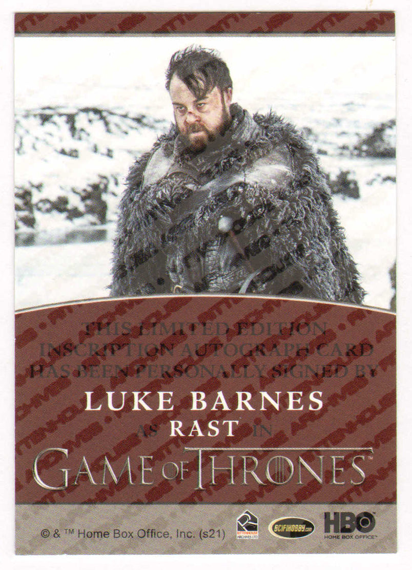 
                  
                    Luke Barnes as Rast in Game of Thrones Signed Rittenhouse Trading Card with Quote
                  
                