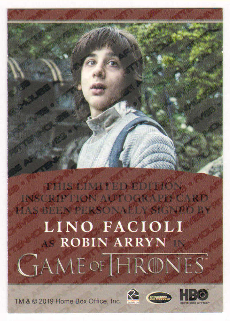 
                  
                    Lino Facioli as Robin Arryn in Game of Thrones Signed Rittenhouse Trading Card with Quote
                  
                