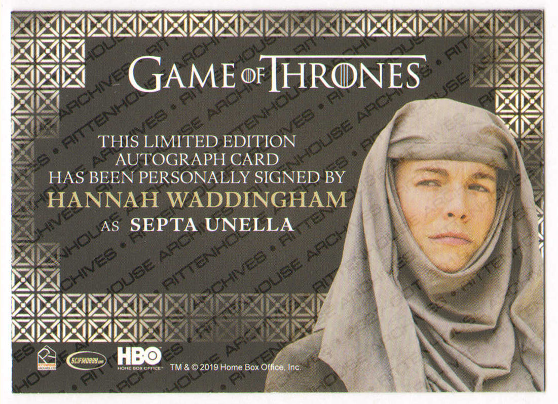 
                  
                    Hannah Waddingham as Septa Unella in Game of Thrones Signed Rittenhouse Trading Card with Quote
                  
                