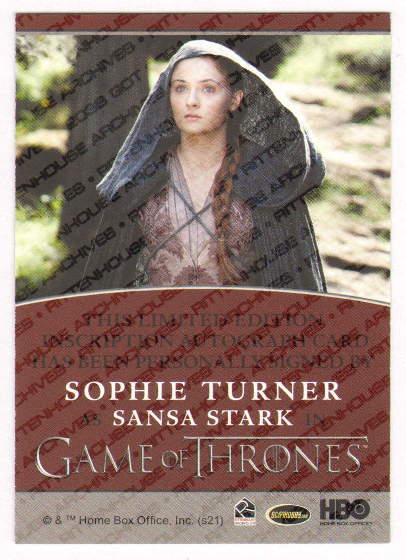
                  
                    Sophia Turner as Sansa Stark in Game of Thrones Signed Rittenhouse Trading Card with Character Name
                  
                