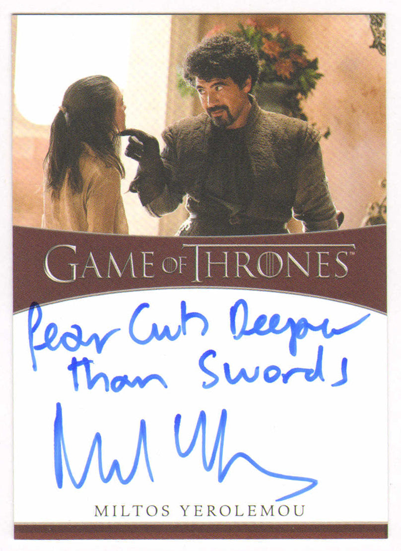 
                  
                    Miltos Yerolemou as Syrio Forel in Game of Thrones Signed Rittenhouse Trading Card with Quote
                  
                