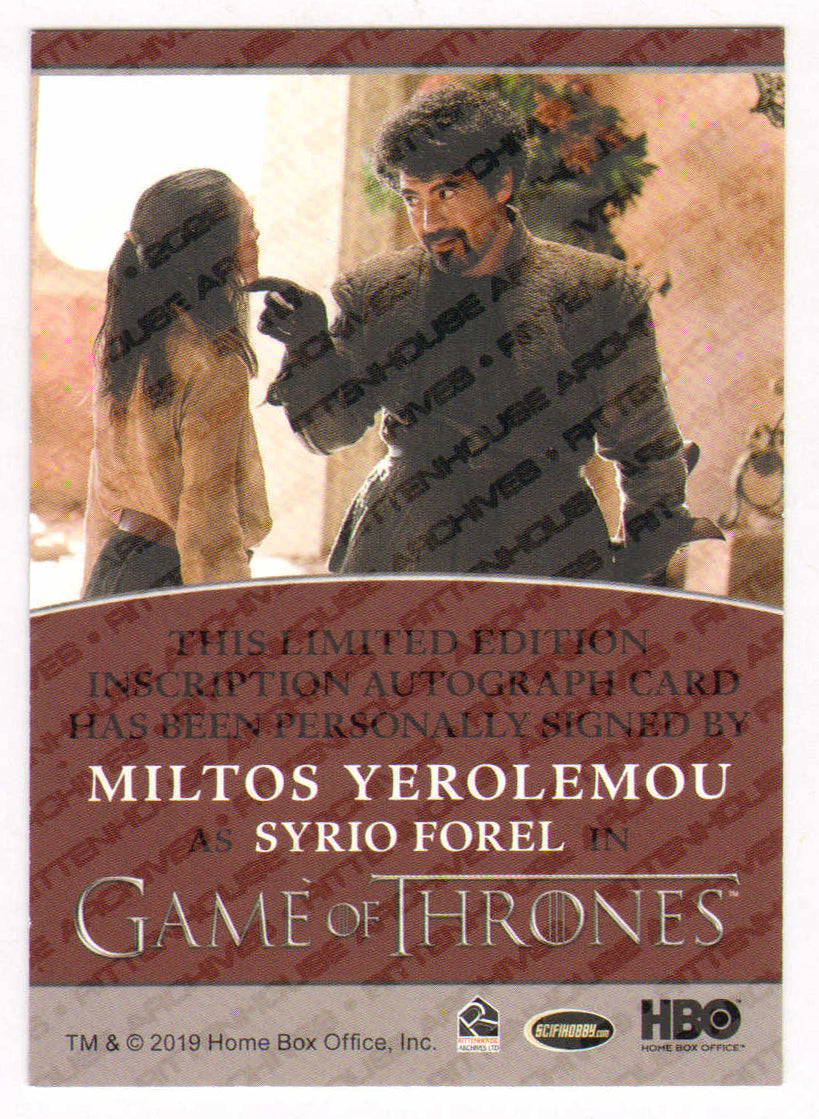 
                  
                    Miltos Yerolemou as Syrio Forel in Game of Thrones Signed Rittenhouse Trading Card with Quote
                  
                