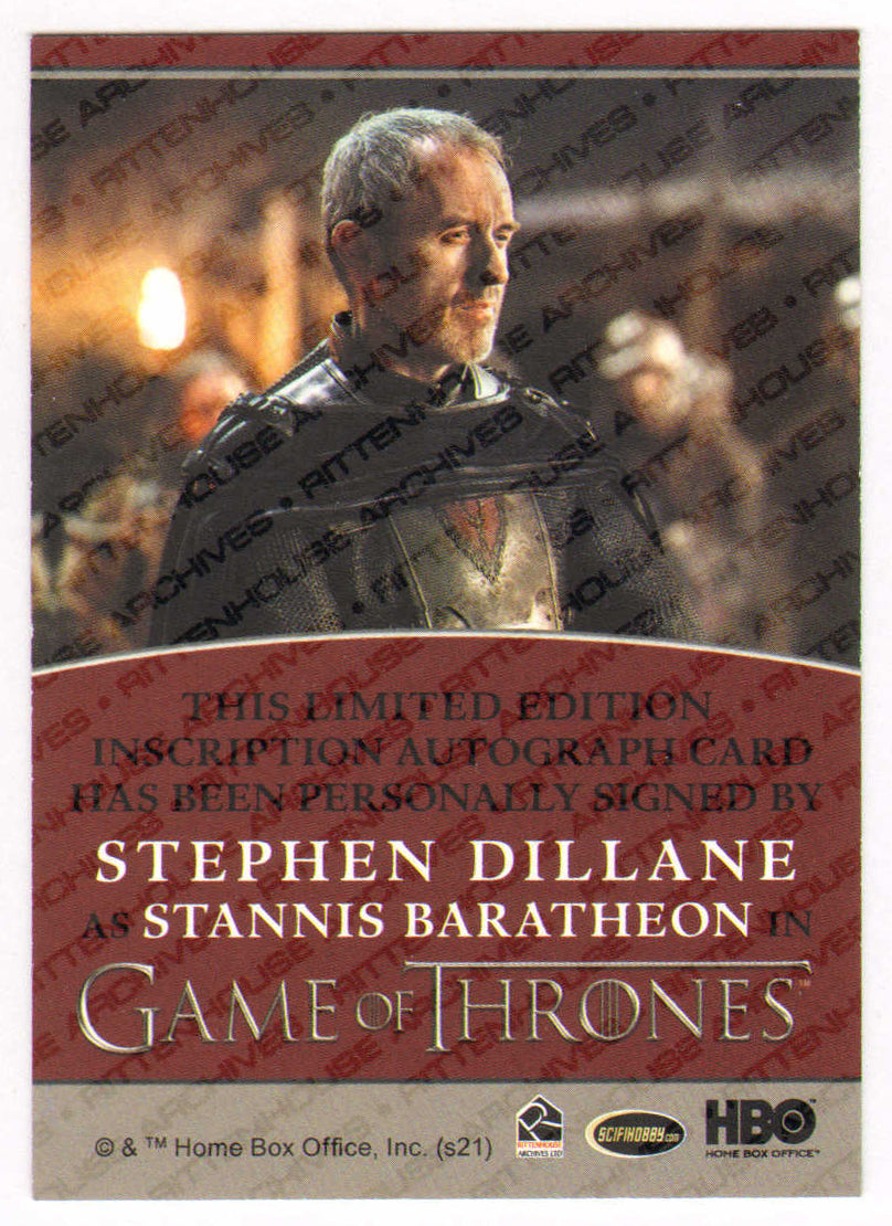 
                  
                    Stephen Dillane as Stannis Baratheon in Game of Thrones Signed Rittenhouse Trading Card with Character Name
                  
                