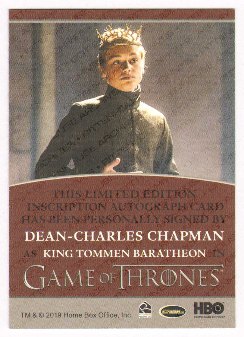 
                  
                    Dean-Charles Chapman as King Tommen Baratheon in Game of Thrones Signed Rittenhouse Trading Card with Character Name
                  
                