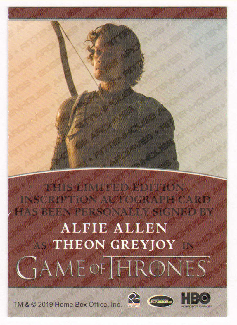 
                  
                    Alfie Allen as Theon Greyjoy in Game of Thrones Signed Rittenhouse Trading Card with Character Name
                  
                