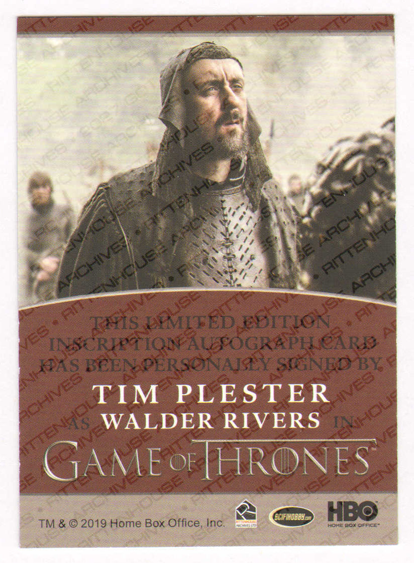 
                  
                    Tim Plester as Walder Rivers in Game of Thrones Signed Rittenhouse Trading Card with Quote
                  
                