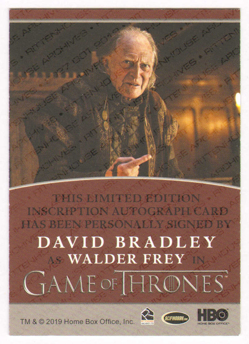 
                  
                    David Bradley as Walder Frey in Game of Thrones Signed Rittenhouse Trading Card with Quote
                  
                
