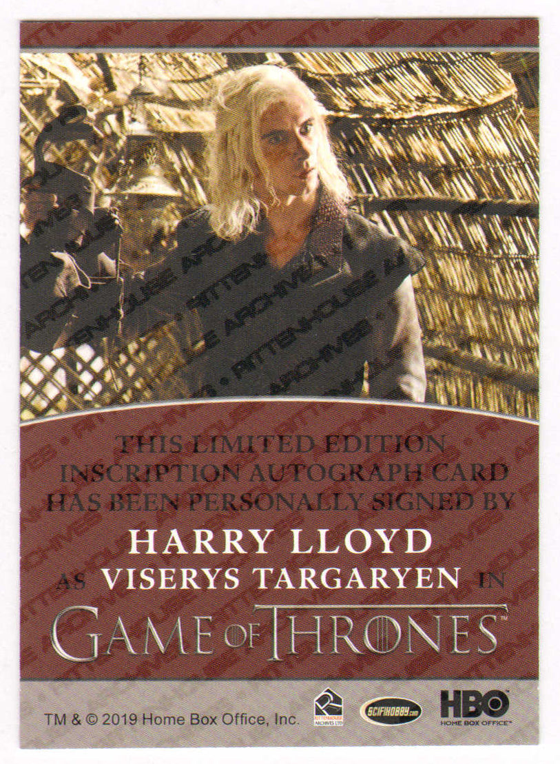 
                  
                    Harry Lloyd as Viserys Targaryen in Game of Thrones Signed Rittenhouse Trading Card with Character Name
                  
                