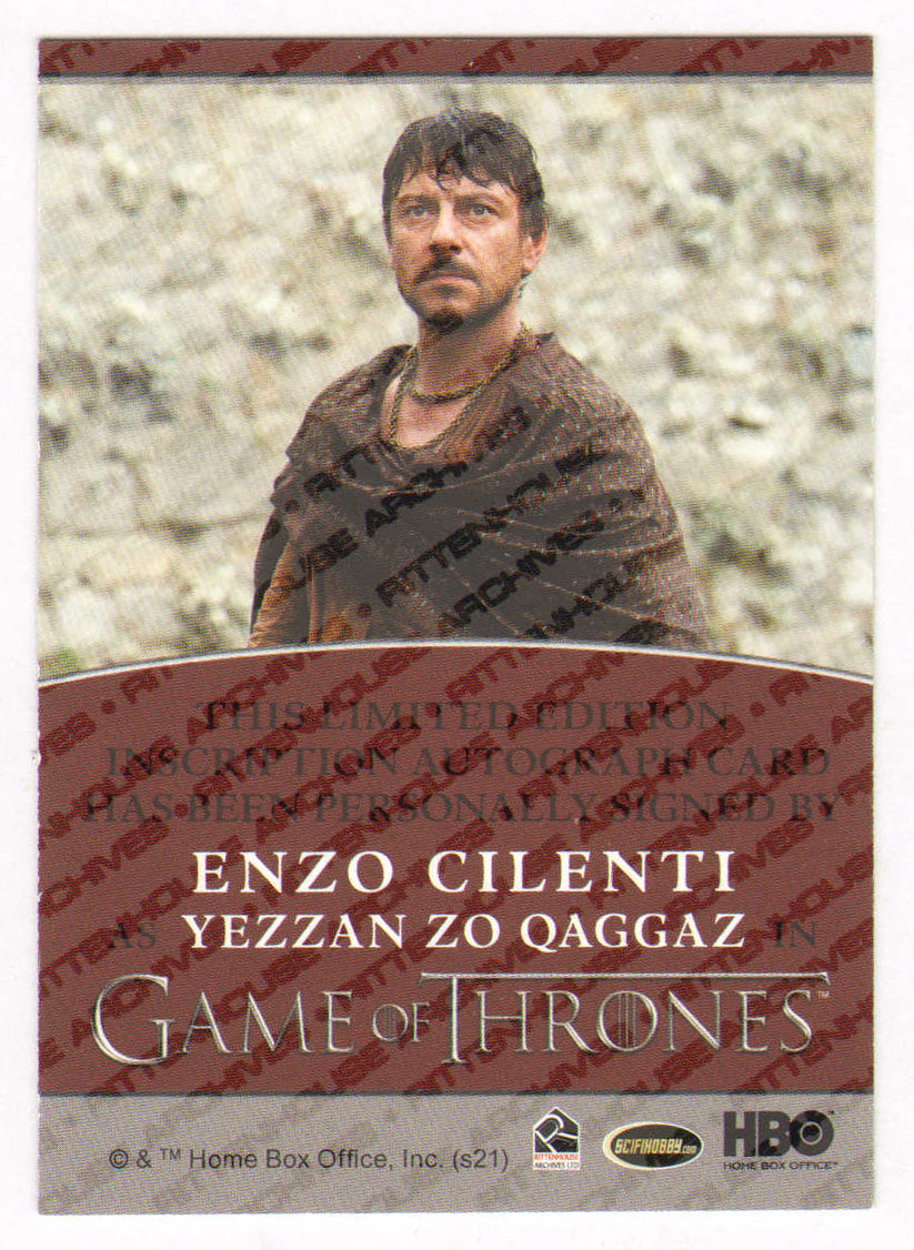 
                  
                    Enzo Cilenti as Yezzan Zo Qaggaz in Game of Thrones Signed Rittenhouse Trading Card with Character Name
                  
                
