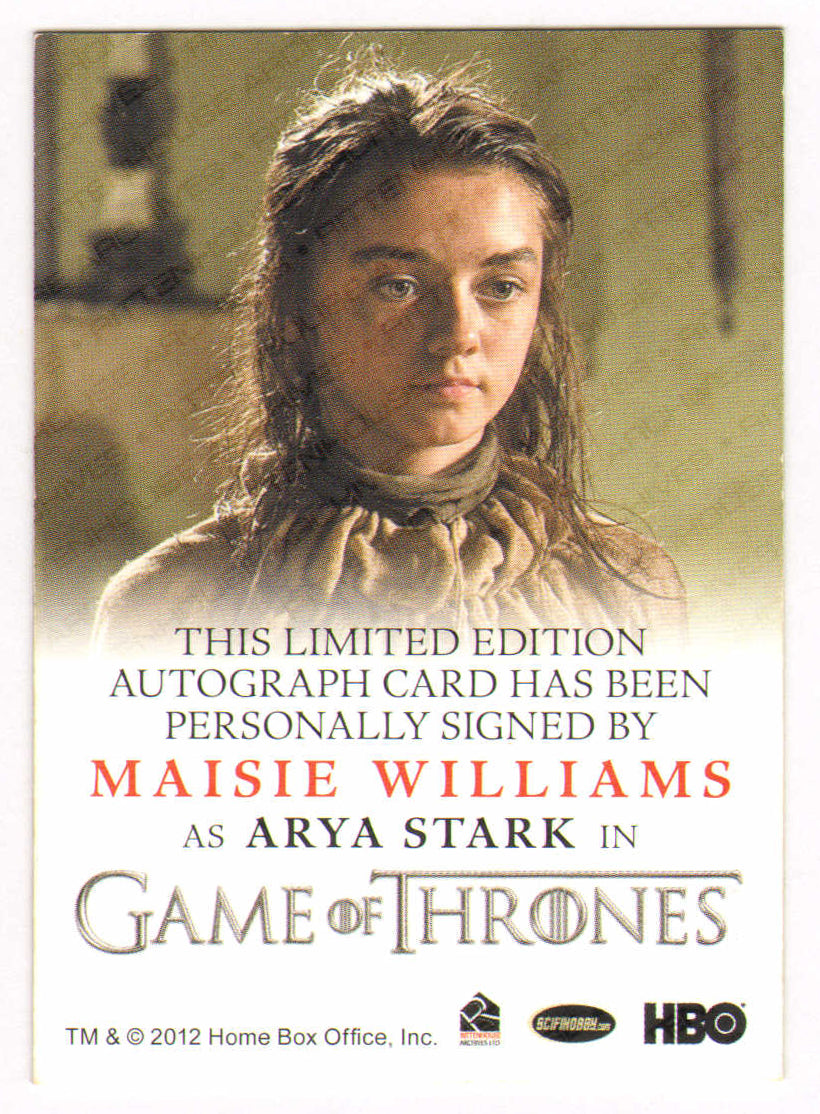 
                  
                    Maisie Williams as Arya Stark Selmy in Game of Thrones Signed Rittenhouse Trading Card
                  
                