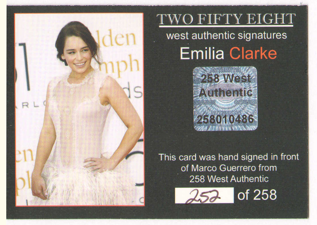 
                  
                    Emilia Clarke from Game of Thrones Signed 258 West Authentic Signature Series Trading Card #252/258
                  
                