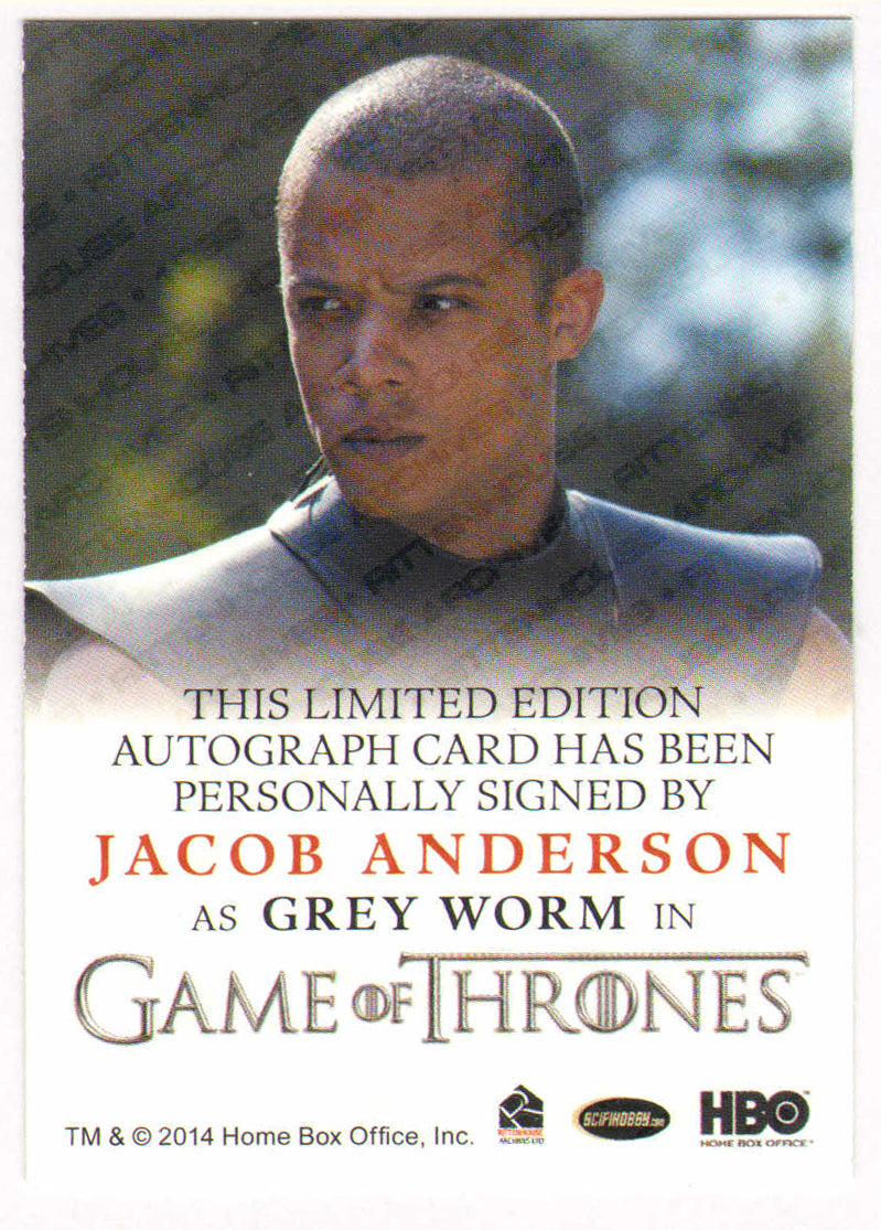 
                  
                    Jacob Anderson as Grey Worm in Game of Thrones Signed Rittenhouse Trading Card
                  
                