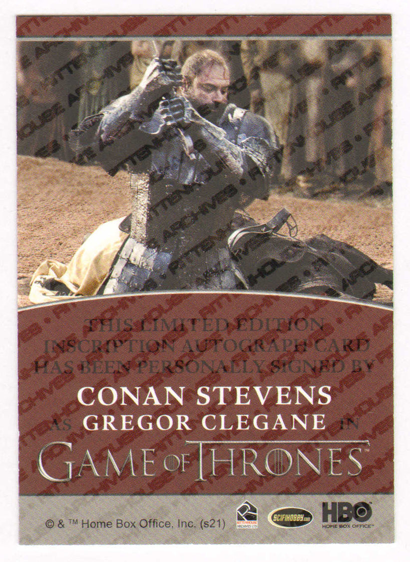 
                  
                    Conan Stevens as Gregor Clegane in Game of Thrones Signed Rittenhouse Trading Card with Quote
                  
                