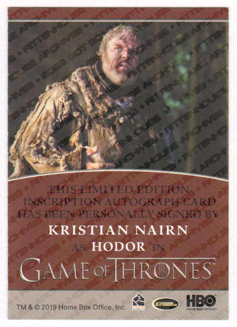 
                  
                    Kristian Nairn as Hodor in Game of Thrones Signed Rittenhouse Trading Card with Quote
                  
                