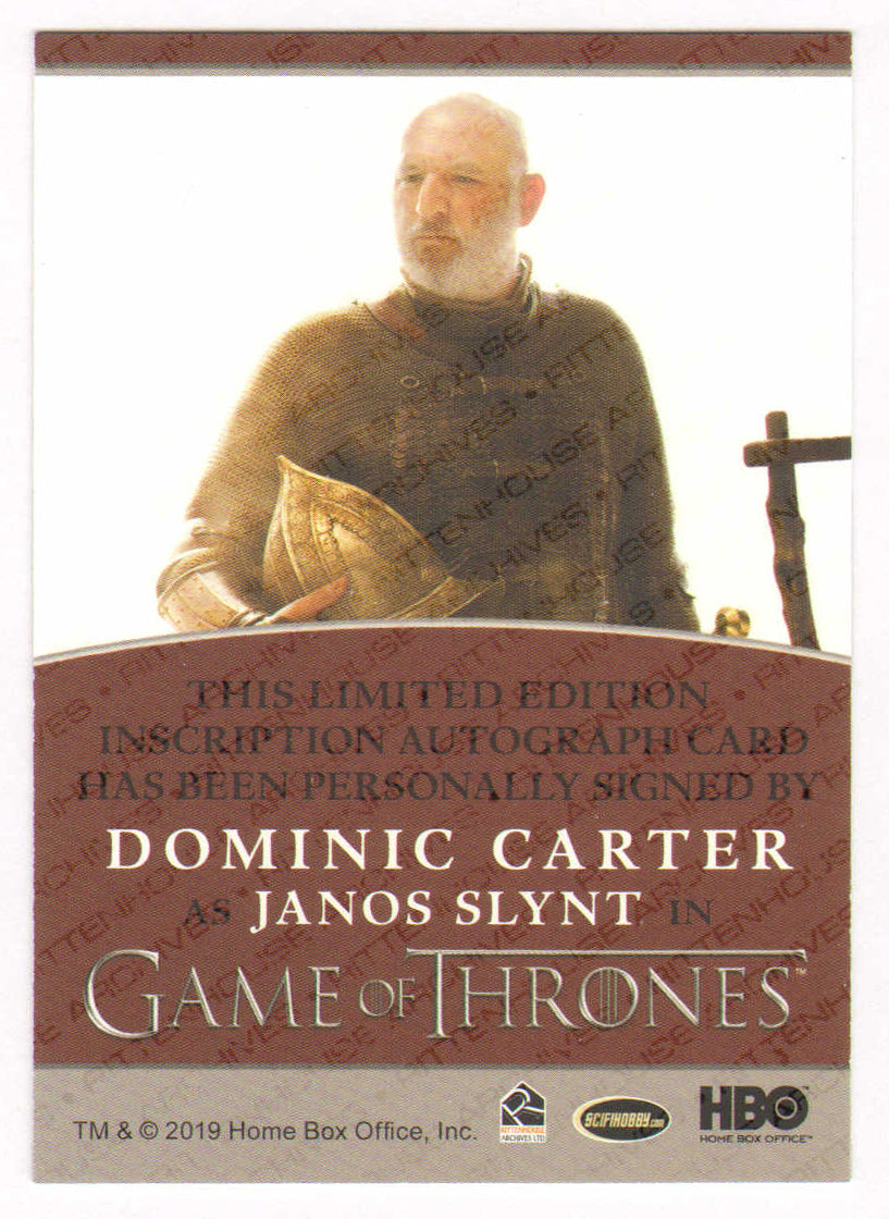 
                  
                    Dominic Carter as Janos Slynt in Game of Thrones Signed Rittenhouse Trading Card with Quote
                  
                