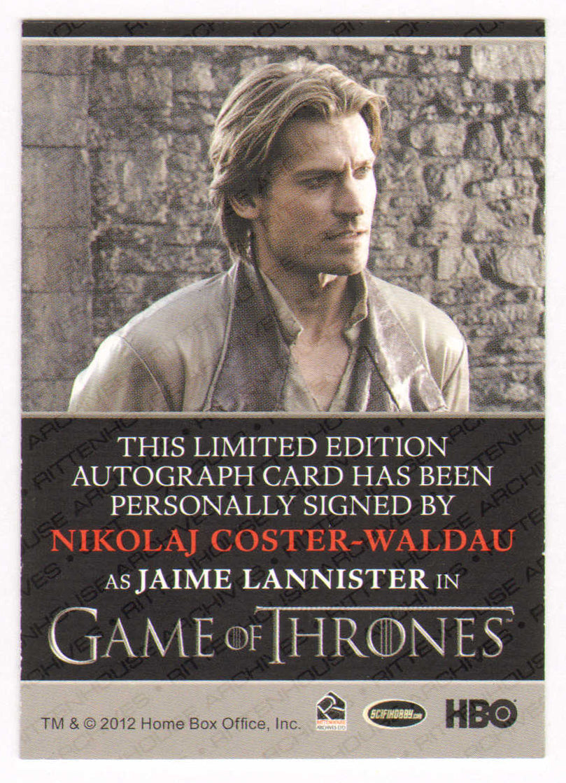 
                  
                    Nikolaj Coster-Waldu as Jaime Lannister in Game of Thrones Signed Rittenhouse Trading Card
                  
                