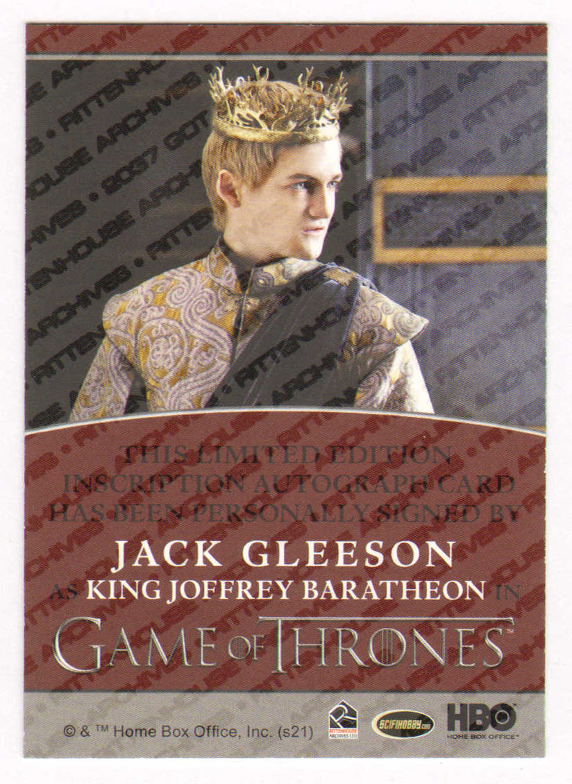 
                  
                    Jack Gleeson as King Joffrey Baratheon in Game of Thrones Signed Rittenhouse Trading Card with Character Name
                  
                