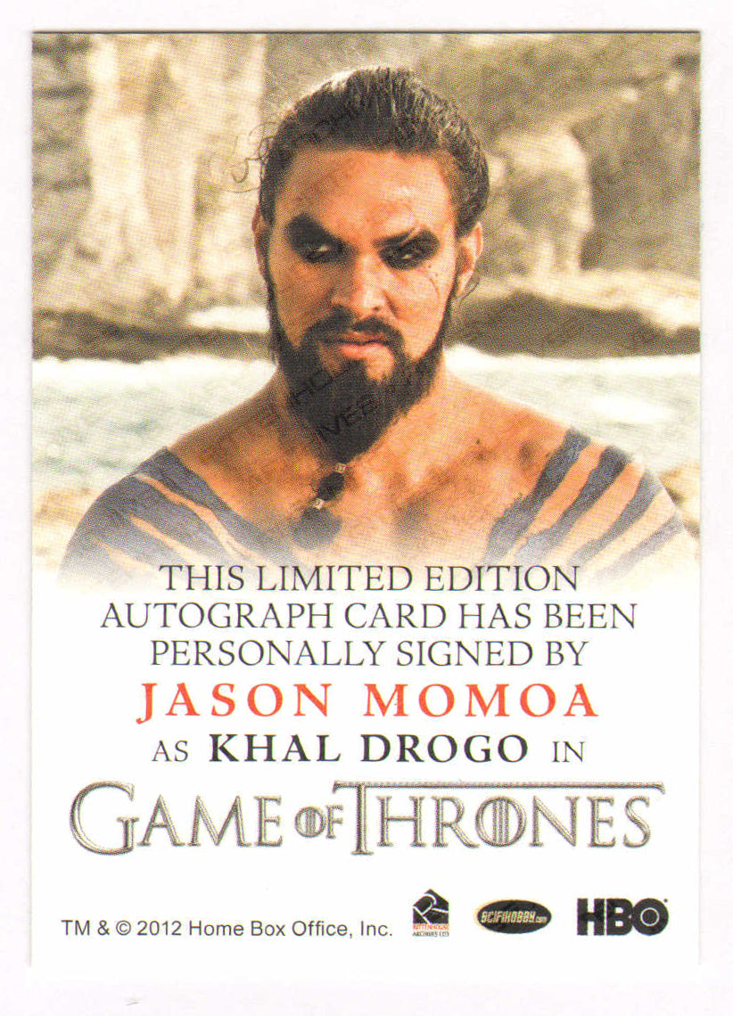 
                  
                    Jason Momoa as Khal Drogo in Game of Thrones Signed Rittenhouse Trading Card
                  
                