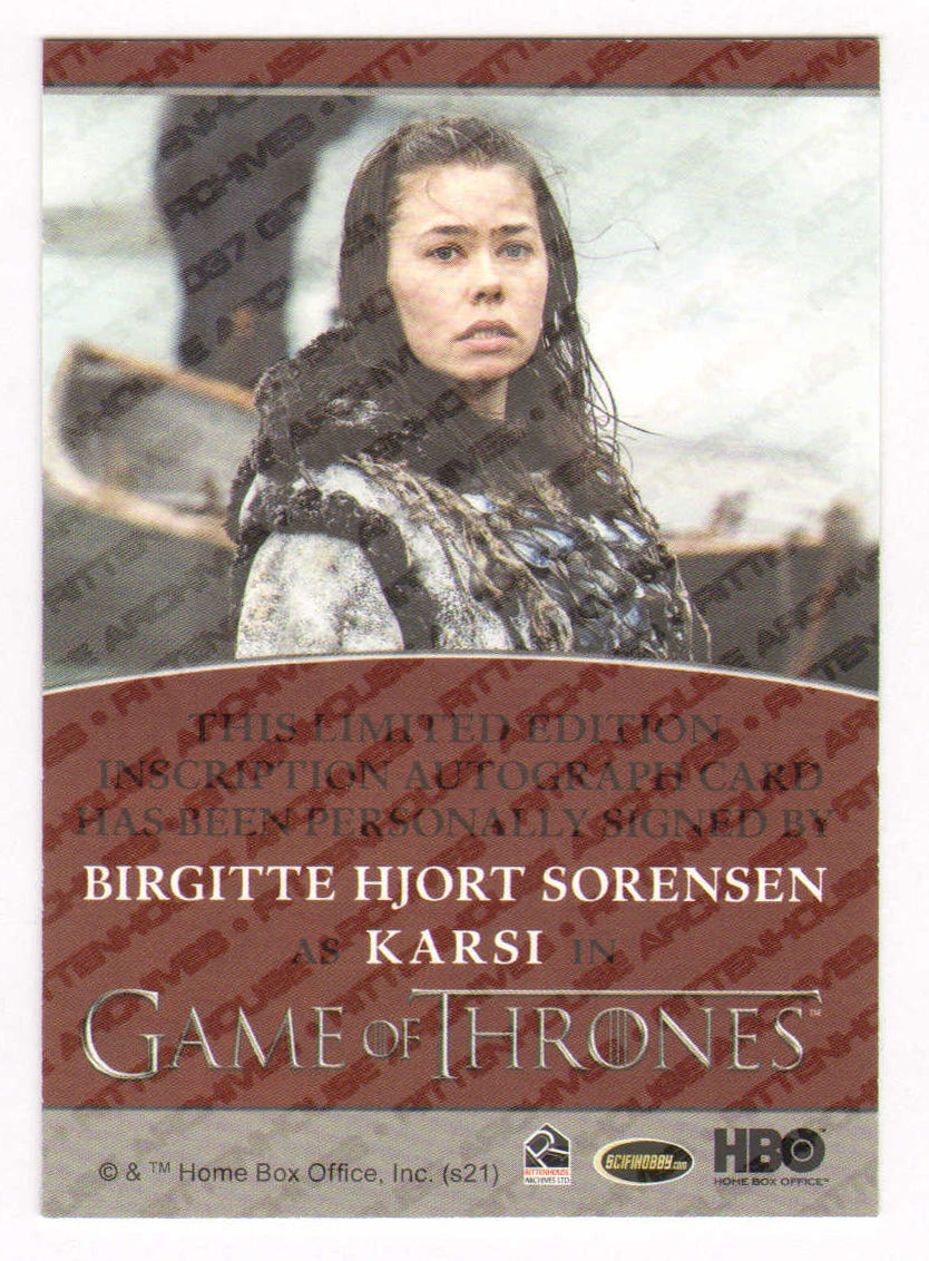 
                  
                    Birgitte Hjort Sorensen as Karsi in Game of Thrones Signed Rittenhouse Trading Card with Quote
                  
                
