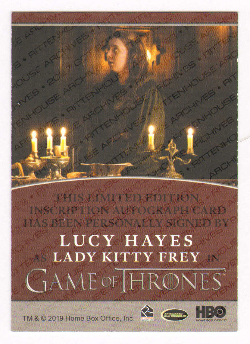 
                  
                    Lucy Hayes as Lady Kitty Frey in Game of Thrones Signed Rittenhouse Trading Card with Character Name
                  
                
