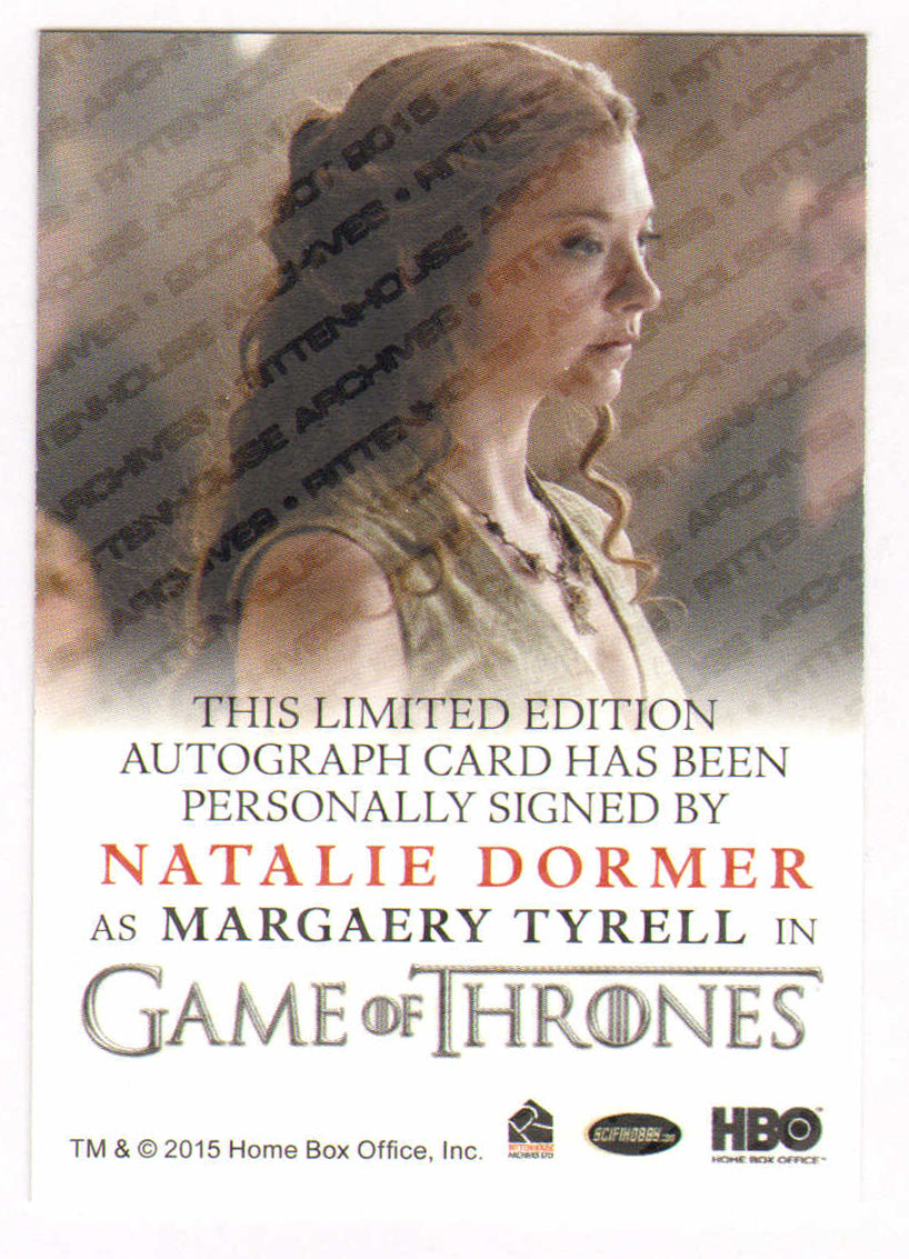 
                  
                    Natalie Dormer as Margaery Tyrell in Game of Thrones Signed Rittenhouse Trading Card
                  
                