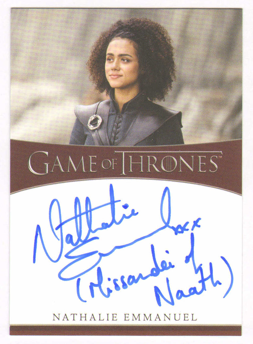 
                  
                    Nathalie Emmanuel as Missandei in Game of Thrones Signed Rittenhouse Trading Card with Character Name
                  
                