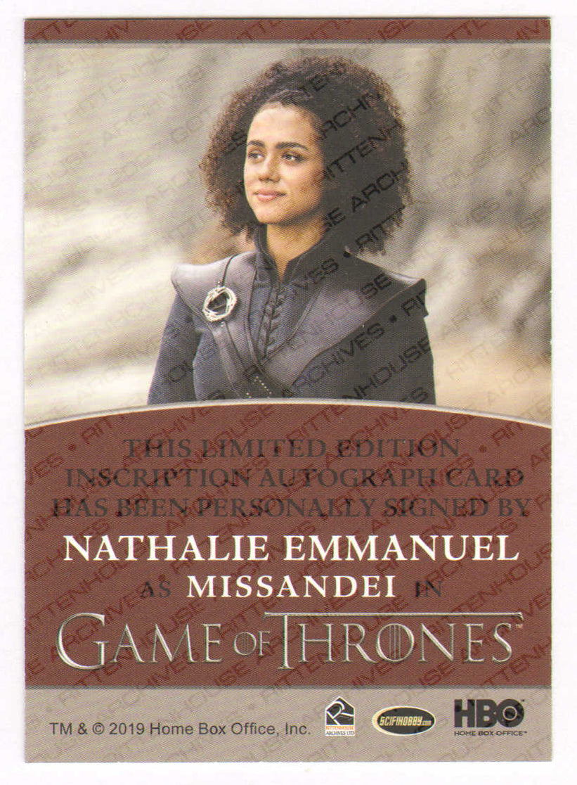
                  
                    Nathalie Emmanuel as Missandei in Game of Thrones Signed Rittenhouse Trading Card with Character Name
                  
                