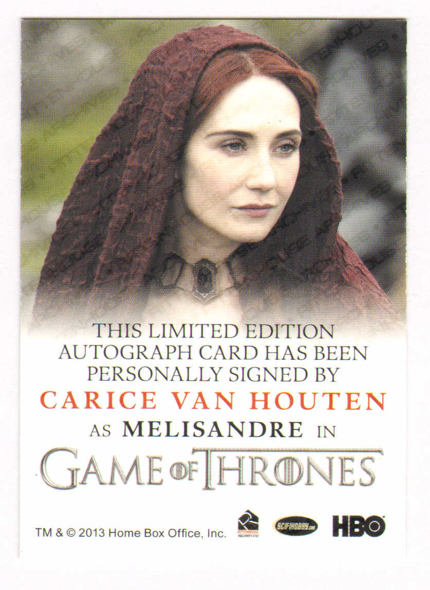 
                  
                    Carcie Van Houten as Melisandre in Game of Thrones Signed Rittenhouse Trading Card
                  
                