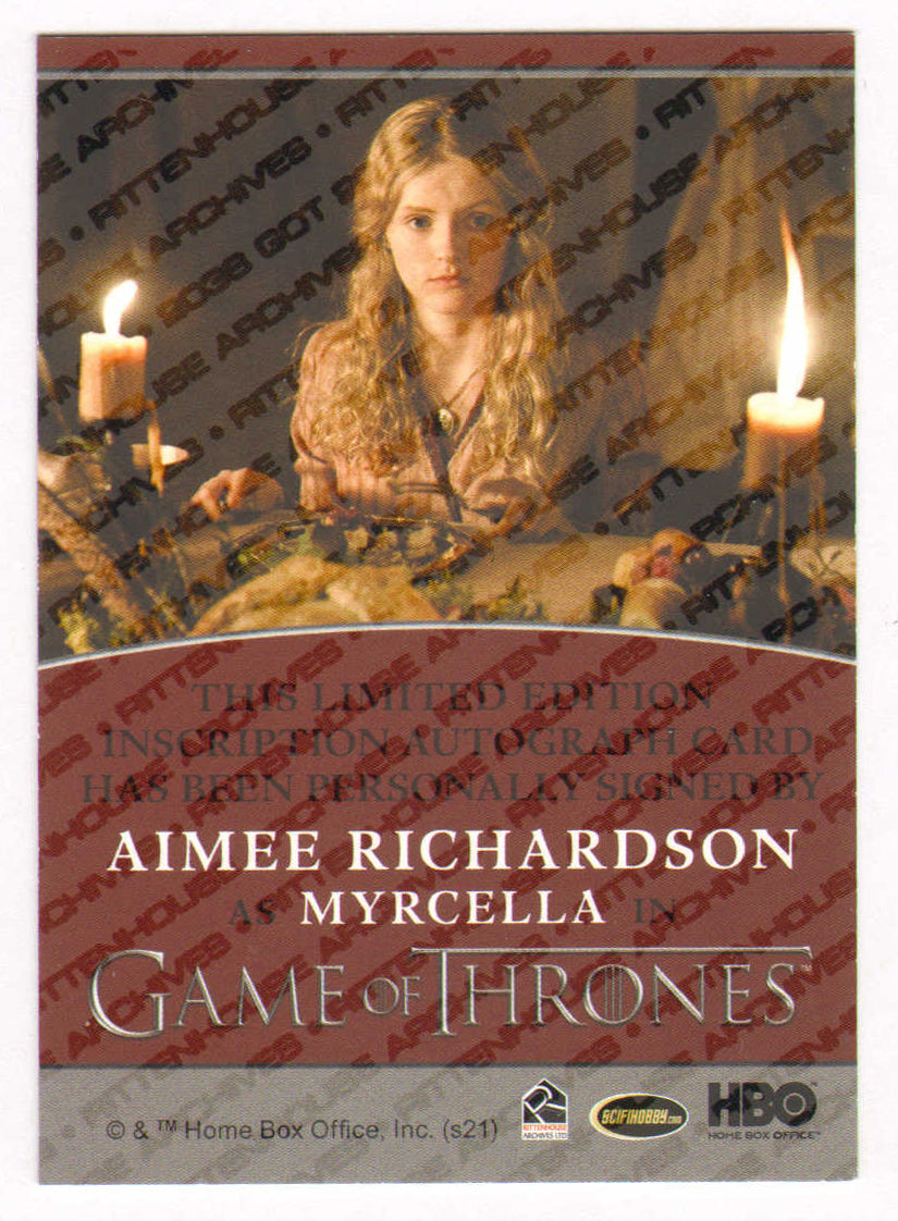 
                  
                    Aimee Richardson as Myrcella in Game of Thrones Signed Rittenhouse Trading Card with Quote
                  
                
