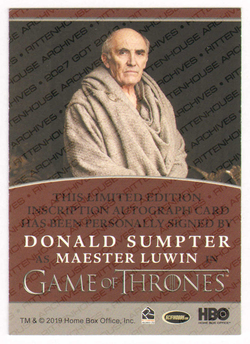 
                  
                    Donald Sumpter as Maester Luwin in Game of Thrones Signed Rittenhouse Trading Card with Quote
                  
                