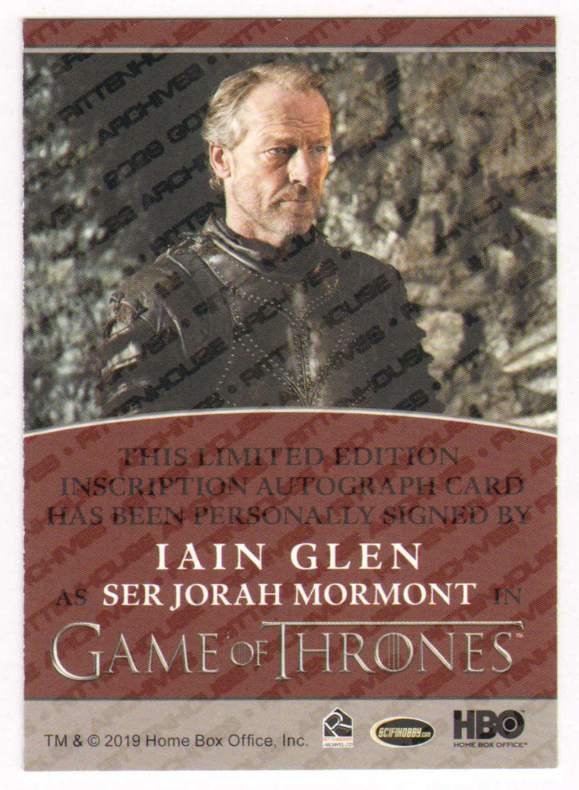 
                  
                    Ian Glen as Ser Jorah Mormont in Game of Thrones Signed Rittenhouse Trading Card with Quote
                  
                