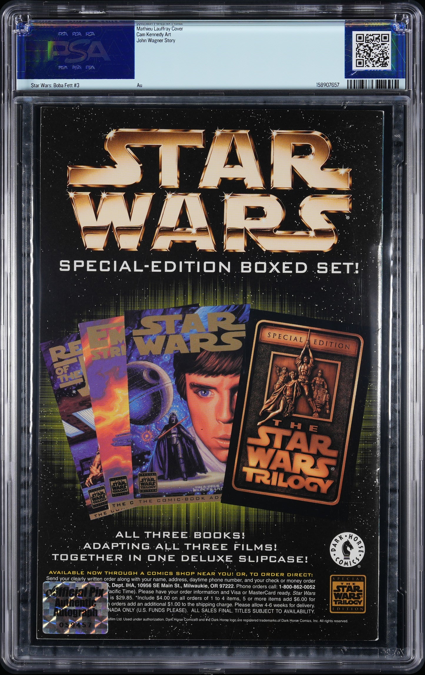 
                  
                    Star Wars: Boba Fett #3 - Dark Horse - Signed by Jeremy Bulloch, Daniel Logan, Mark Austin, Temuera Morrison, Dickey Beer, Duwayne Dunham, John Morton, & Don Bies (PSA Auth Auto / Official Pix) 1997
                  
                