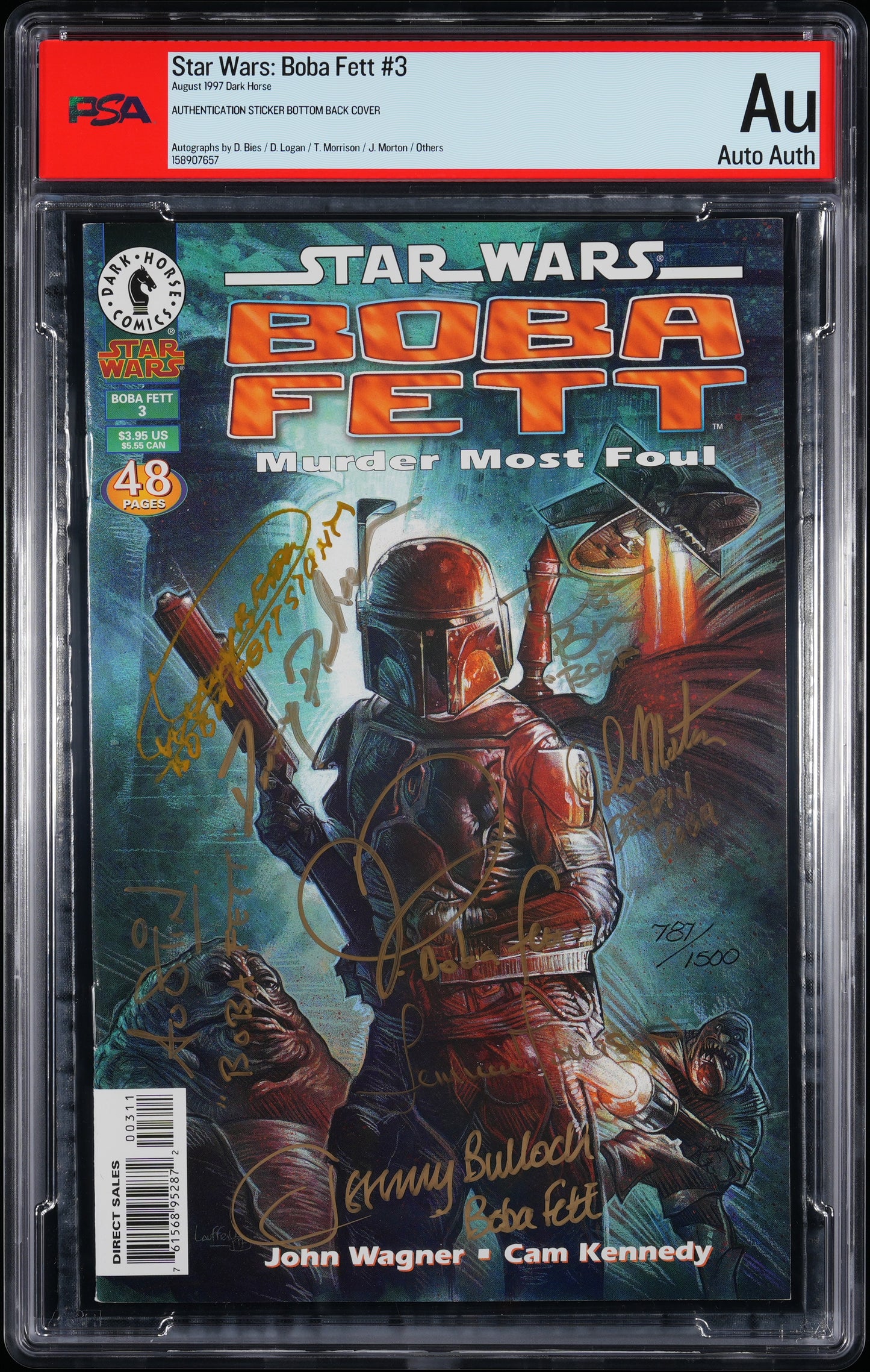 
                  
                    Star Wars: Boba Fett #3 - Dark Horse - Signed by Jeremy Bulloch, Daniel Logan, Mark Austin, Temuera Morrison, Dickey Beer, Duwayne Dunham, John Morton, & Don Bies (PSA Auth Auto / Official Pix) 1997
                  
                