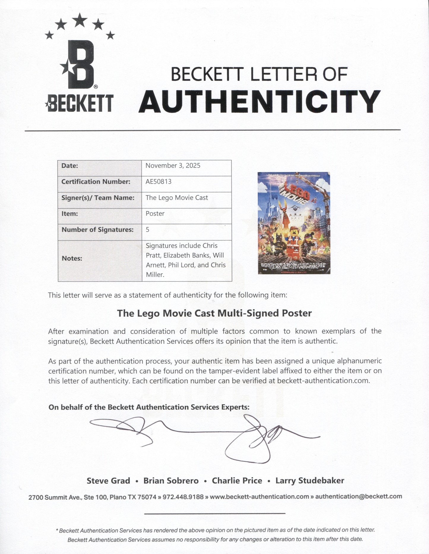 
                  
                    The Lego Movie 27x40 Poster (Beckett) Cast Signed by Chris Pratt, Elizabeth Banks, Will Arnett, with Directors: Phil Lord & Christopher Miller
                  
                