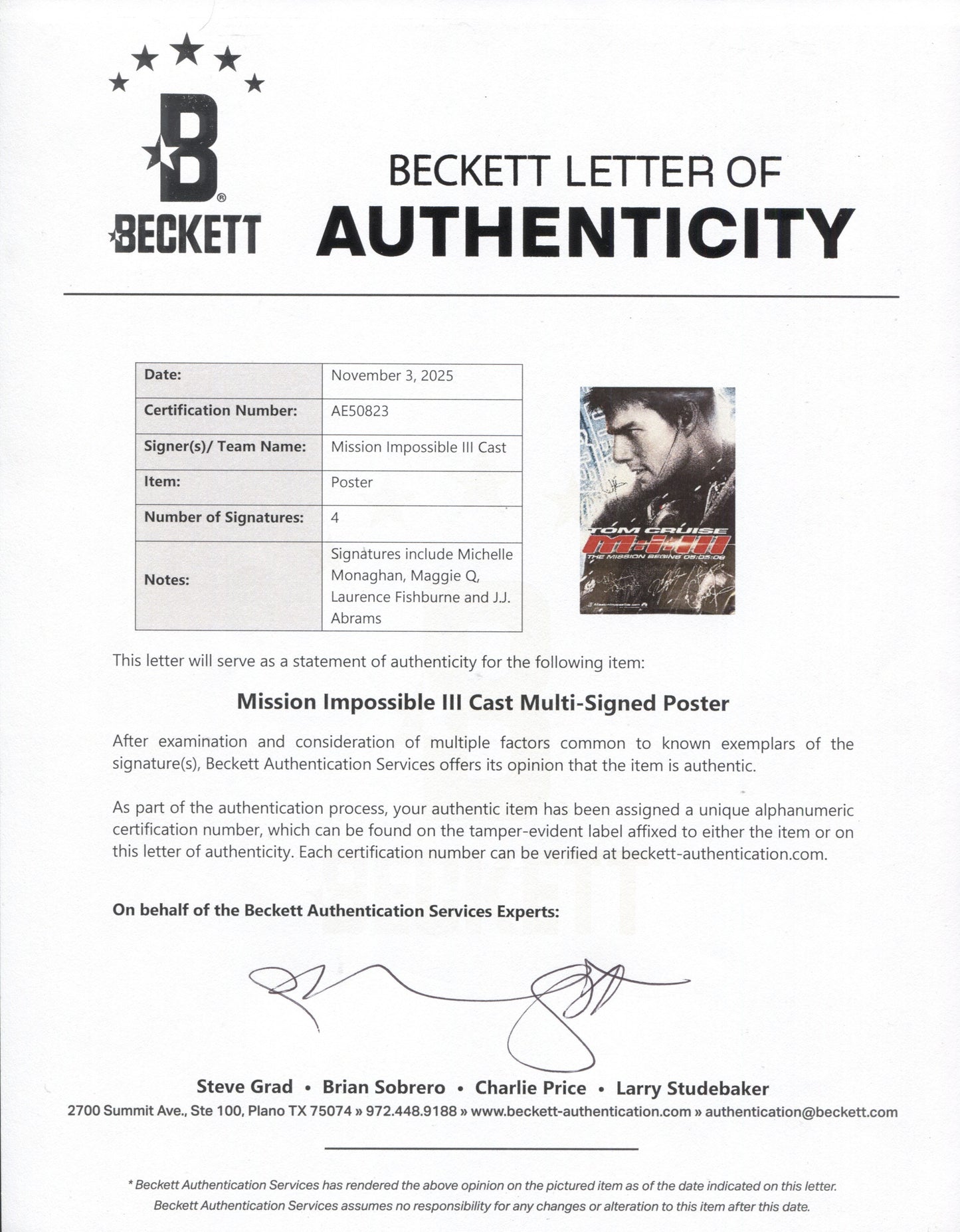 
                  
                    Mission: Impossible III 27x40 Poster (Beckett) Cast Signed by Michelle Monaghan, Maggie Q, Laurence Fishburne, & Director: J. J. Abrams
                  
                