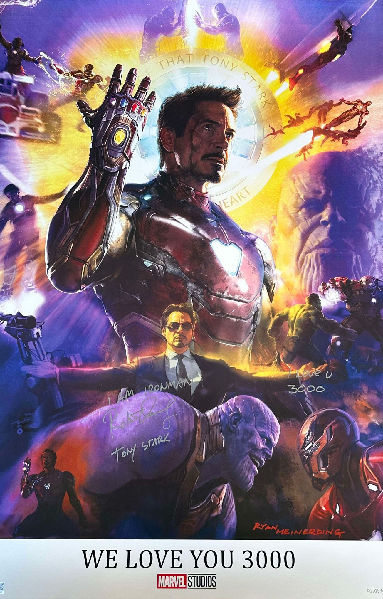 
                  
                    Robert Downey Jr. as Iron Man "We Love You 3000" by Ryan Meinerding Marvel Studios (SWAU) Signed 27x40 Poster with Character Name & Quotes
                  
                