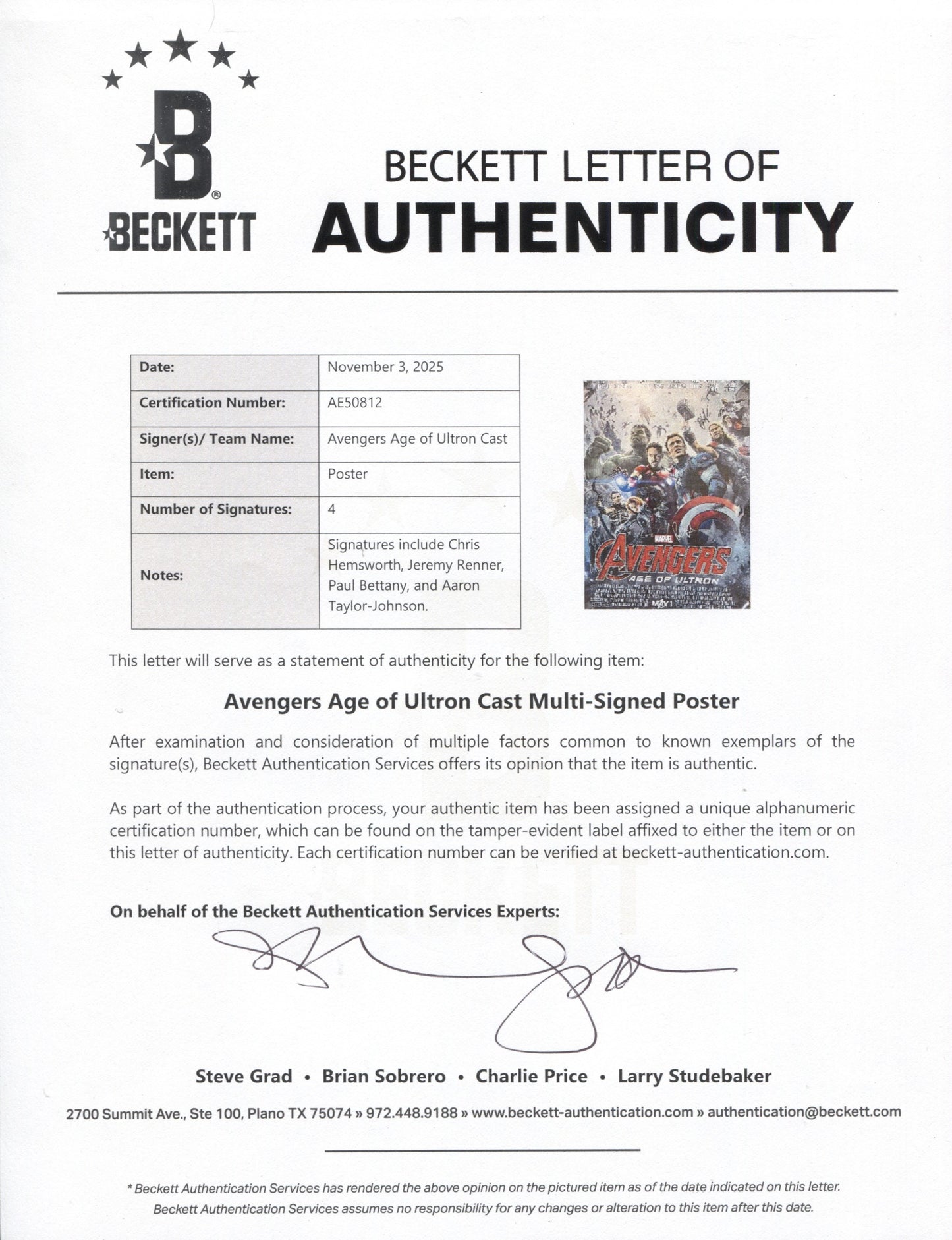 
                  
                    Avengers: Age of Ultron 27x40 Poster (Beckett) Cast Signed by Chris Hemsworth, Jeremy Renner, Aaron Taylor-Johnson, & Paul Bettany
                  
                