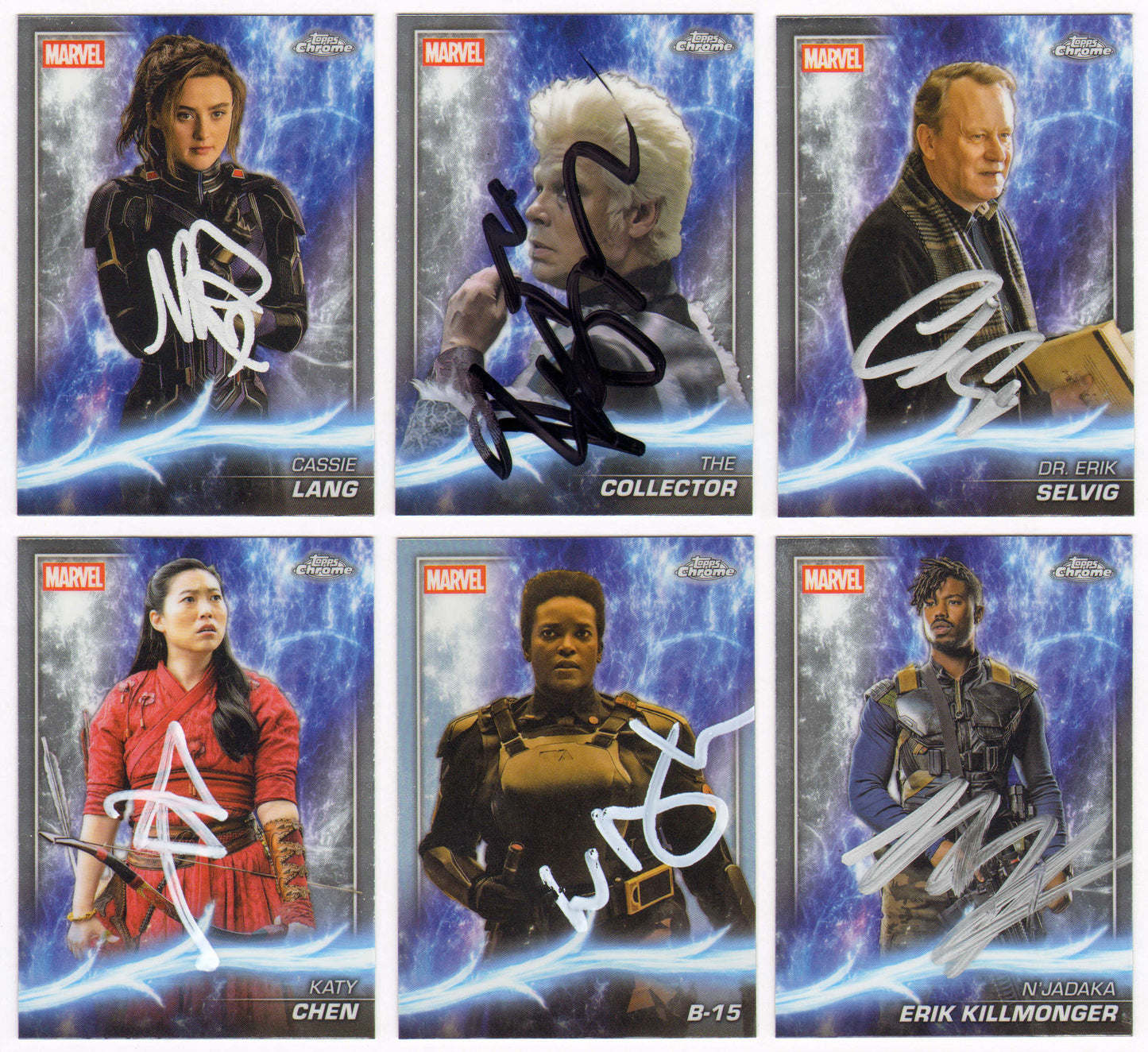 
                  
                    Marvel Trading Cards 6pc LOT Signed by Kathryn Newton, Benicio del Toro, Stellan Skarsgård, Awkwafina, Wunmi Mosaku, & Michael B. Jordan
                  
                