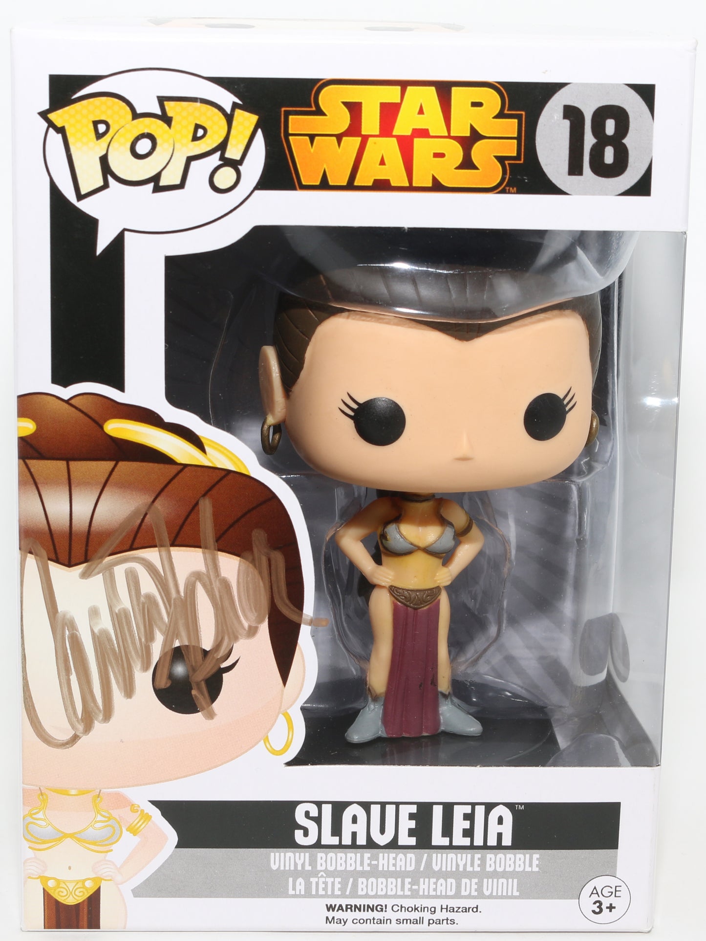 
                  
                    Carrie Fisher as Slave Princess Leia in Star Wars: Return of the Jedi (JSA) Signed Funko POP! #18
                  
                