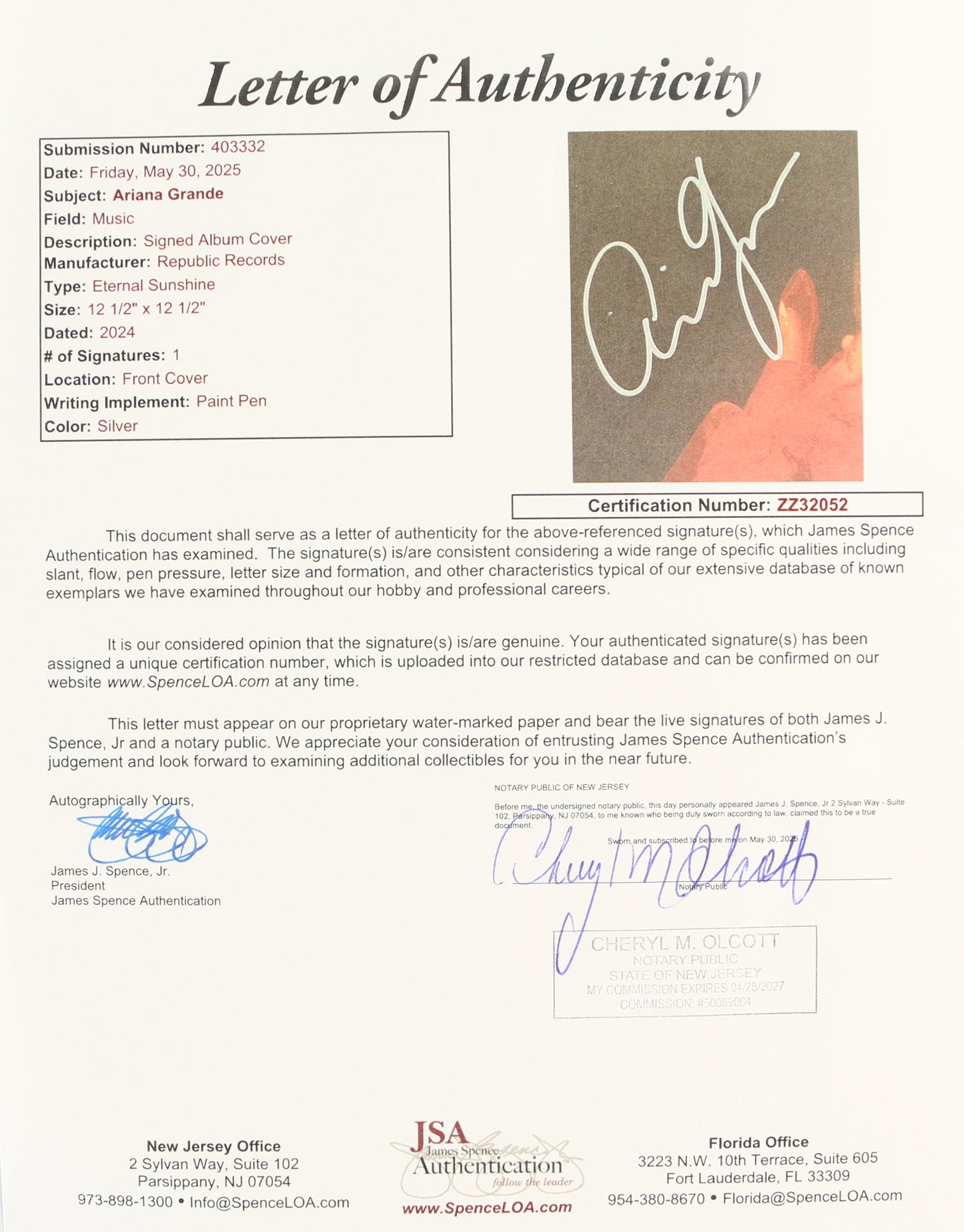
                  
                    Ariana Grande: Eternal Sunshine 12" Vinyl LP Record (JSA) Signed by Ariana Grande
                  
                