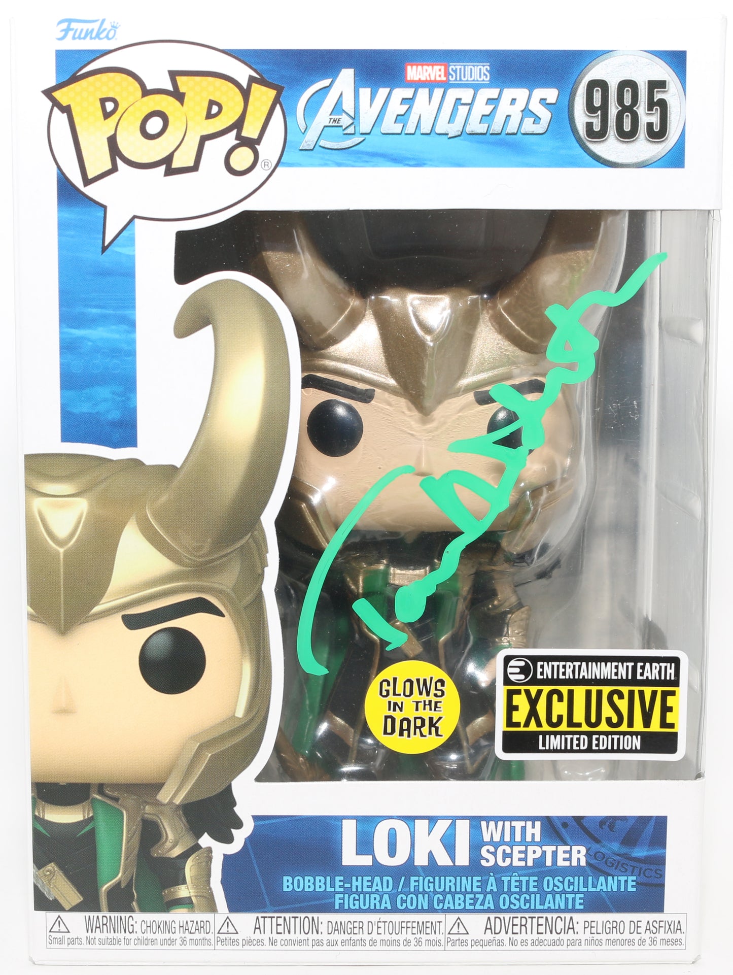 
                  
                    Tom Hiddleston as Loki with Scepter in Avengers GITD Entertainment Earth Exclusive (SWAU) Signed Funko POP! #985
                  
                
