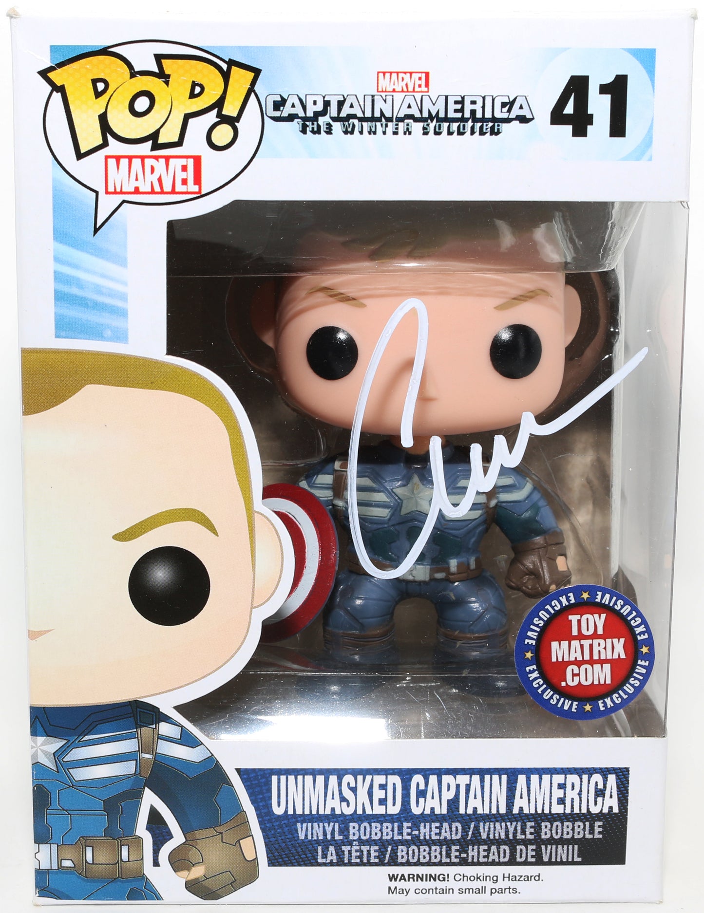 
                  
                    Chris Evans as Captain America Unmasked in Captain America: The Winter Soldier Toy Matrix Exclusive (SWAU) Signed Funko POP! #41
                  
                