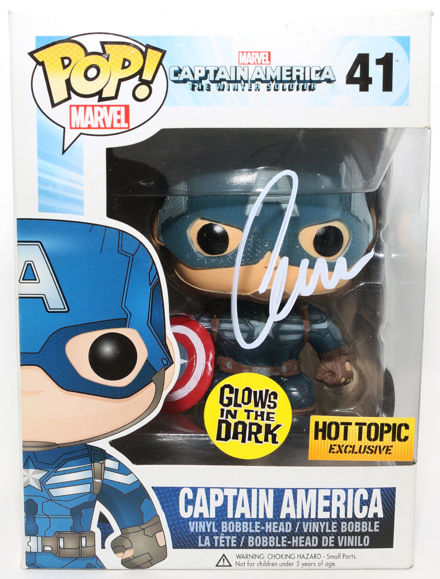 
                  
                    Chris Evans as Captain America in Captain America: The Winter Soldier GITD Hot Topic Exclusive (SWAU) Signed Funko POP! #41
                  
                