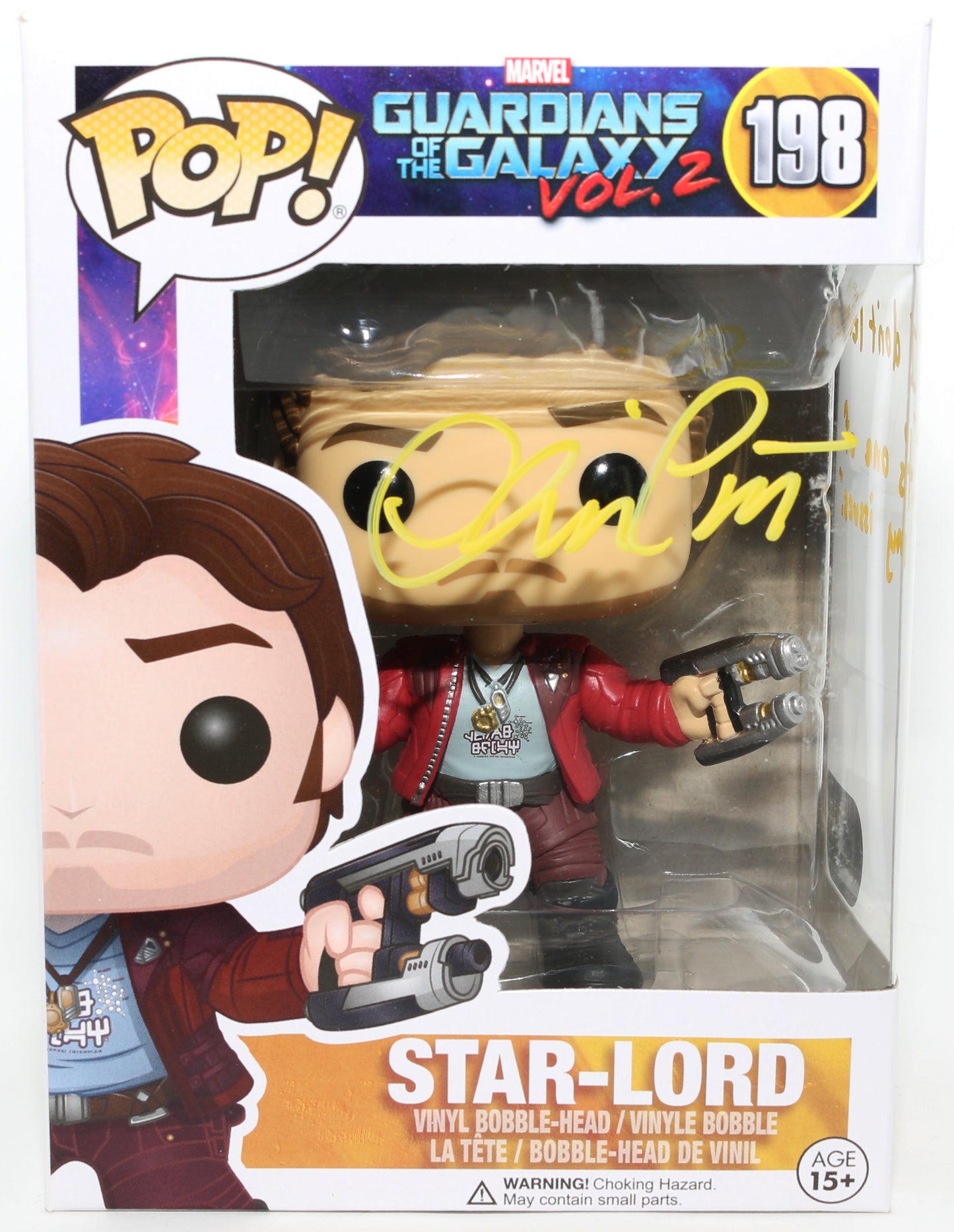 
                  
                    Chris Pratt as Star-Lord in Guardians of the Galaxy Vol. 2 (SWAU) Signed Funko POP! #198 with Quote
                  
                