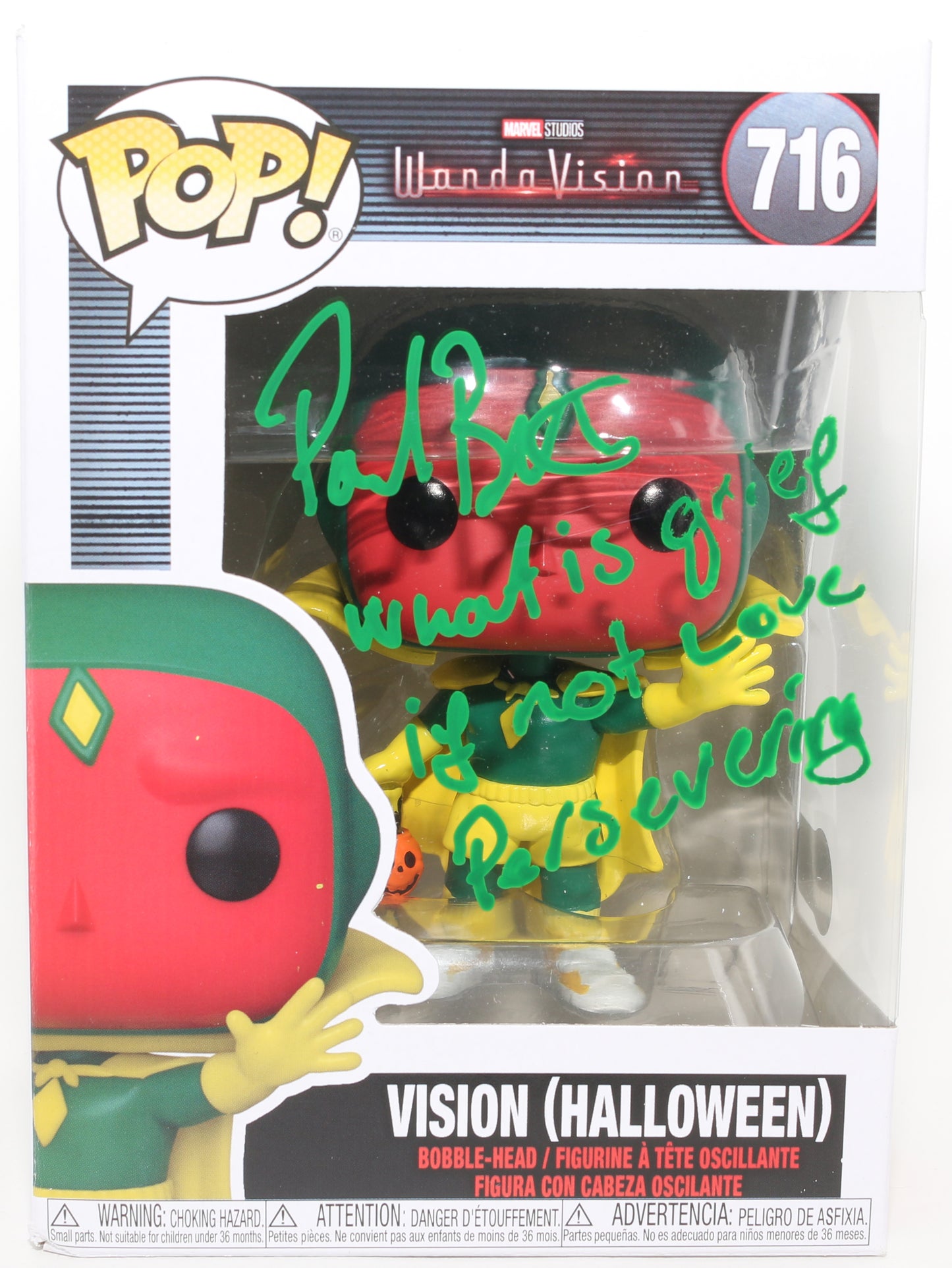 
                  
                    Paul Bettany as Vision [Halloween Costume] in WandaVision (Beckett) Signed Funko POP! #716 with Character Name & Quote
                  
                
