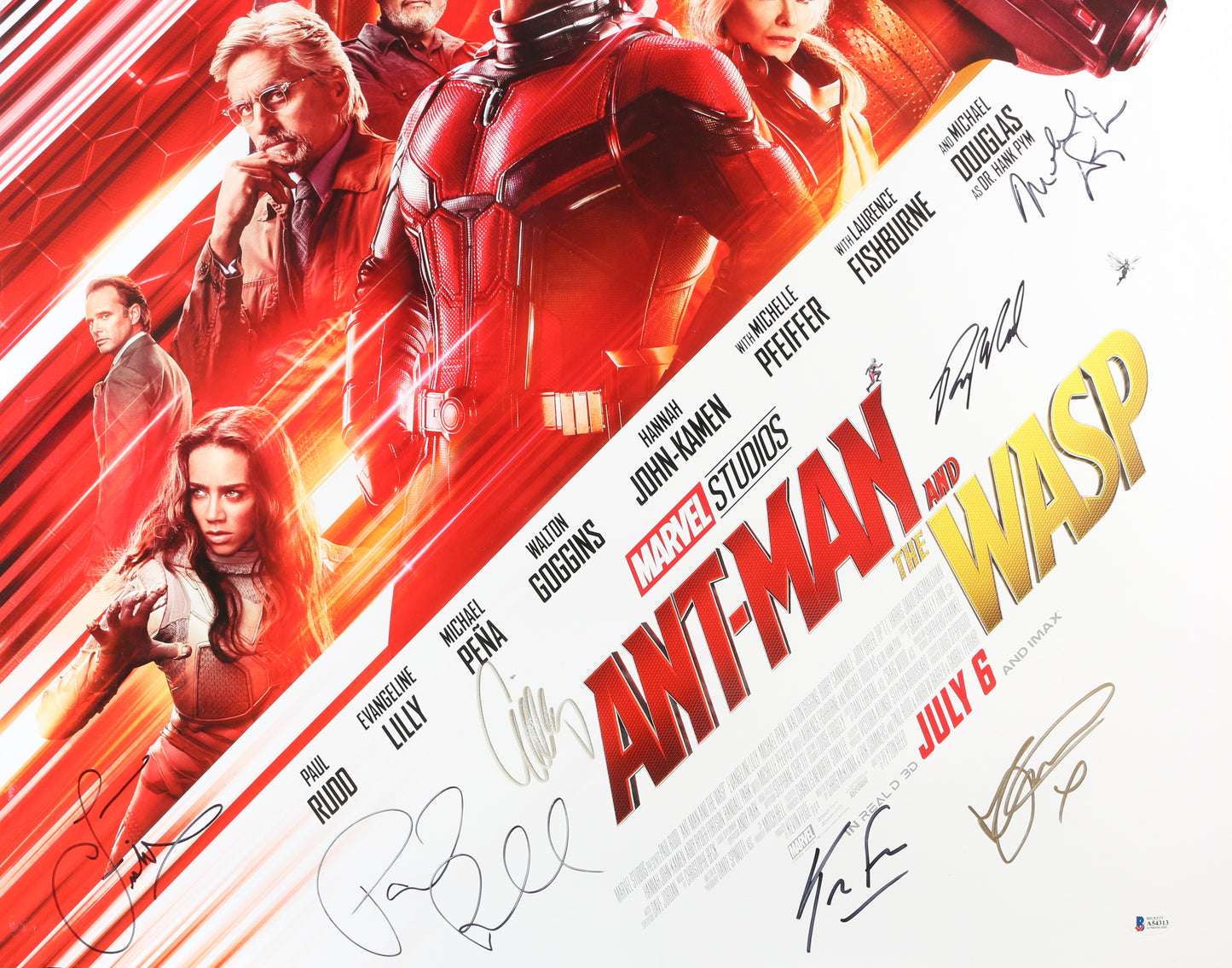 
                  
                    Ant-Man & the Wasp 27x40 Poster (Beckett) Cast Signed by Paul Rudd, Evangeline Lilly, Michael Douglas, Laurence Fishburne, Hannah John-Kamen, Producer: Kevin Feige, & Director: Peyton Reed
                  
                