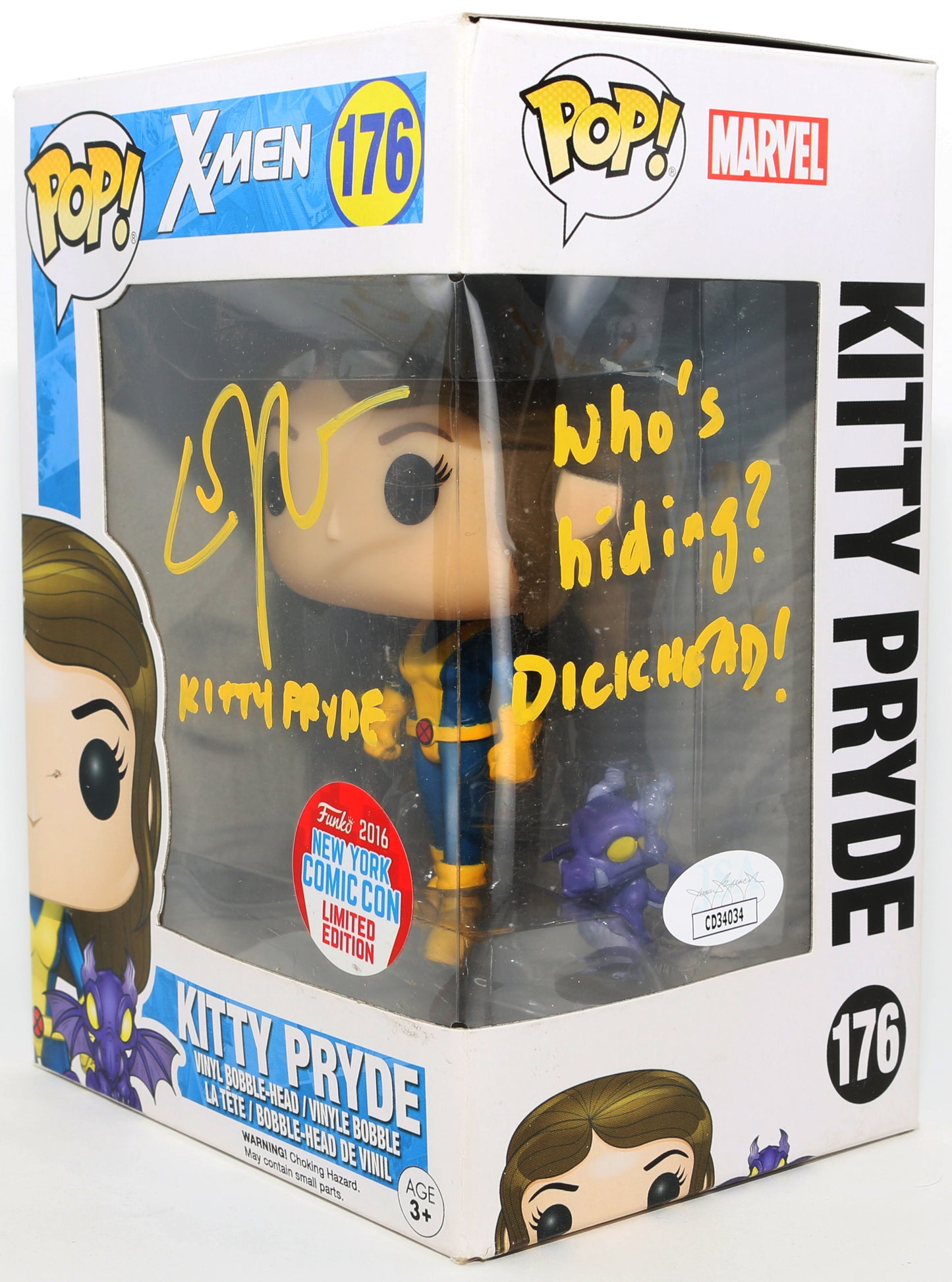 
                  
                    Elliot / Ellen Page as Kitty Pryde in X-Men 2016 New York Comic Con Exclusive (JSA) Signed Funko POP! #176 with Character Name & Quote
                  
                