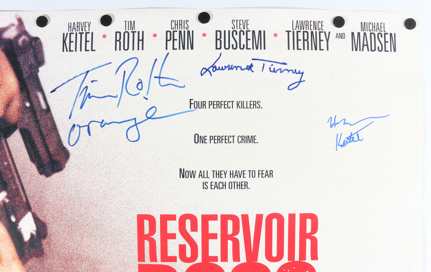 
                  
                    Harvey Keitel as Mr. White, Tim Roth as Mr. Orange, & Lawrence Tierney as Joe Cabot in Quentin Tarantino's Reservoir Dogs (Beckett / JSA) Signed 27x40 Poster
                  
                