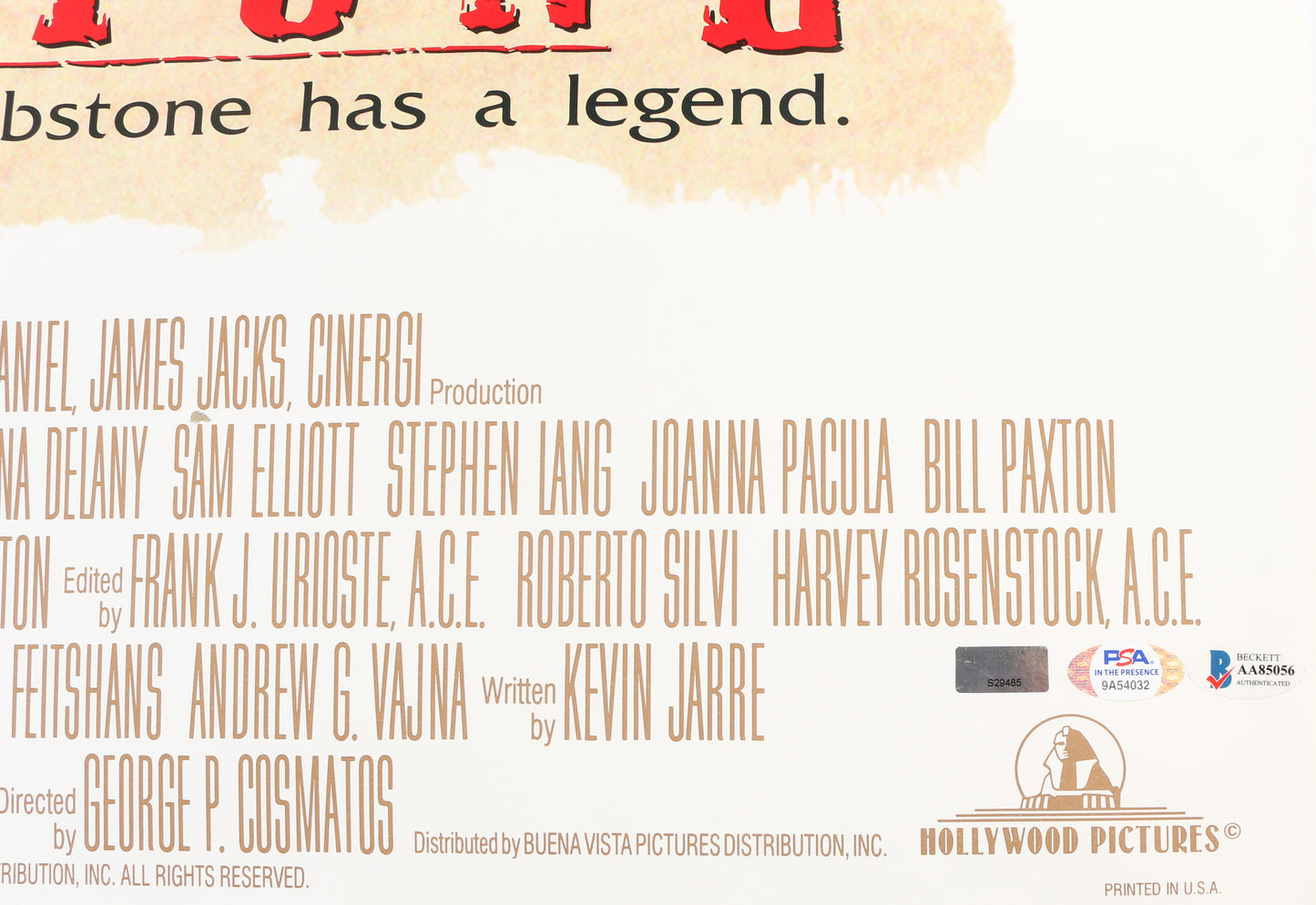 
                  
                    Val Kilmer as Doc Holliday & Michael Biehn as Johnny Ringo in Tombstone (Celebrity Authentics / Beckett / PSA) Signed 27x40 Poster with Character Name
                  
                