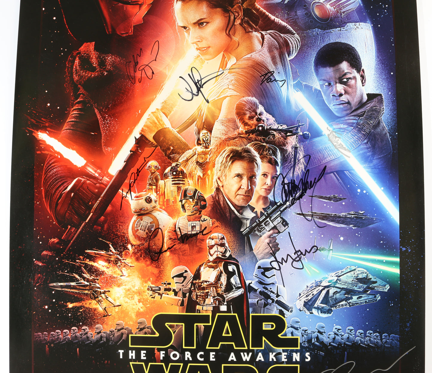 
                  
                    Star Wars: The Force Awakens 27x40 Poster Cast Signed by Harrison Ford, Carrie Fisher, Daisy Ridley, John Boyega, Oscar Isaac, Lupita Nyongo, Adam Driver, Gwendoline Christie, & Director: J.J. Abrams
                  
                